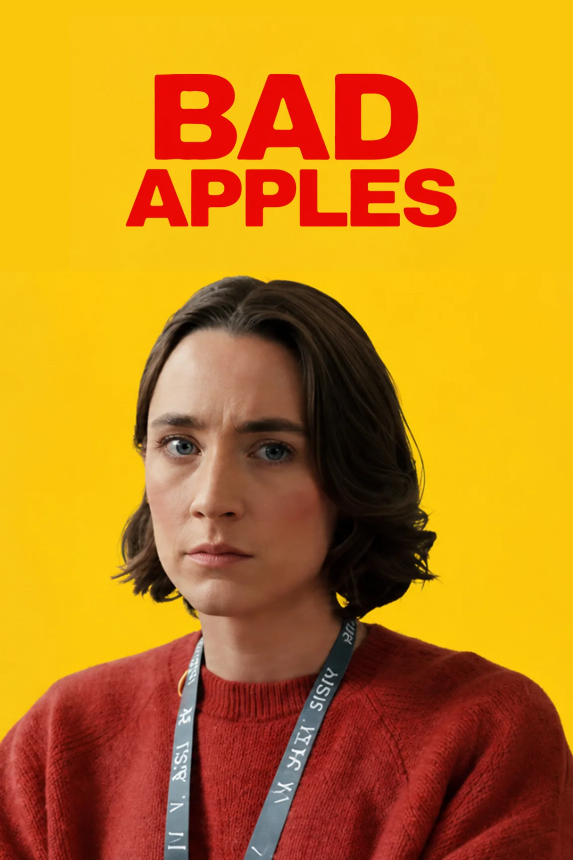 ملصق أصفر ساطع يحمل عنوان Bad Apples بالأحمر وصورة امرأة ترتدي سترة حمراء وبطاقة عمل حول رقبتها