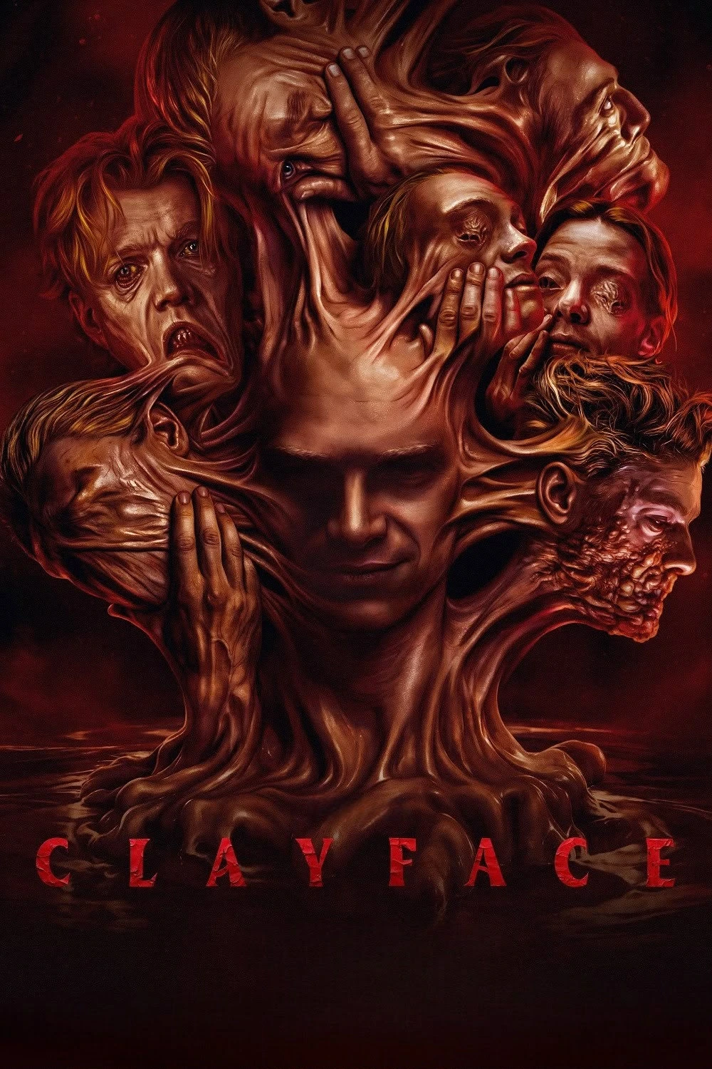 ملصق نحاسي اللون تتشابك فيه رؤوس ووجوه وأيد متعددة فوق عنوان Clayface