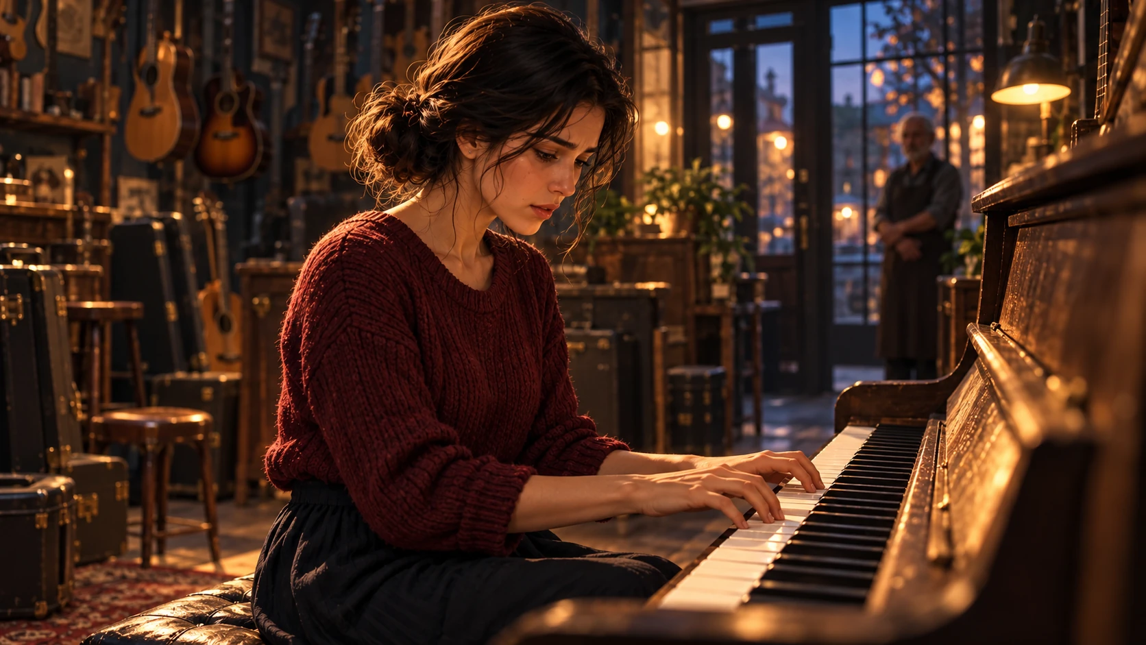 An imagined Leila returns to the piano keys in evening light while the shopkeeper stands quietly near the door