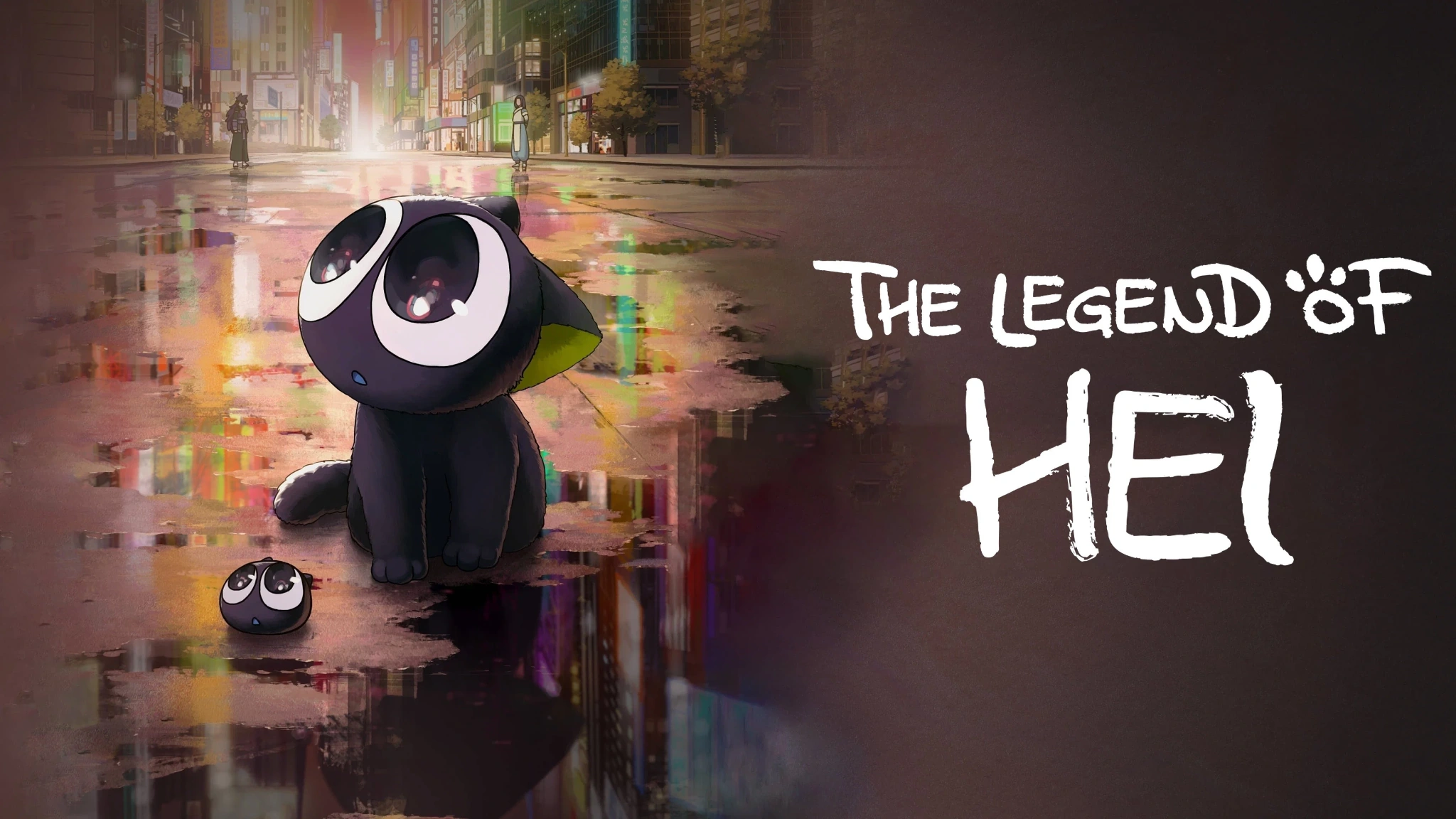 القط الأسود شياو هي أمام خلفية حضرية ملونة، وبجواره عنوان The Legend of Hei.