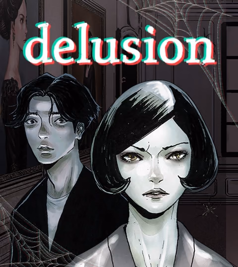 غلاف Delusion، بامرأة ذات شعر أسود قصير ورسّام خلفها داخل مكان تحيطه اللوحات وخيوط العنكبوت.