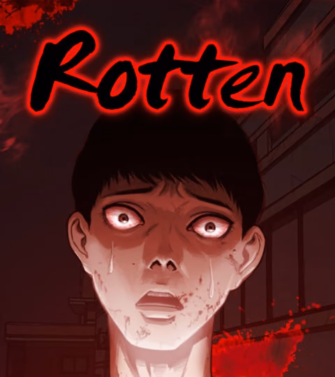 غلاف Rotten، بوجه شاب خائف تحت عنوان أحمر وسط خلفية داكنة.
