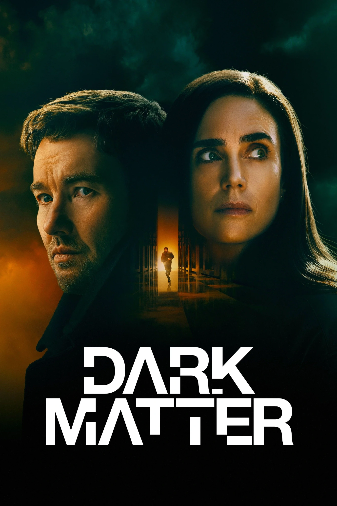 بوستر ثانٍ لـDark Matter: وجها جيسون ودانييلا وبينهما ممر مضاء وشخص يركض، والعنوان بالأبيض.