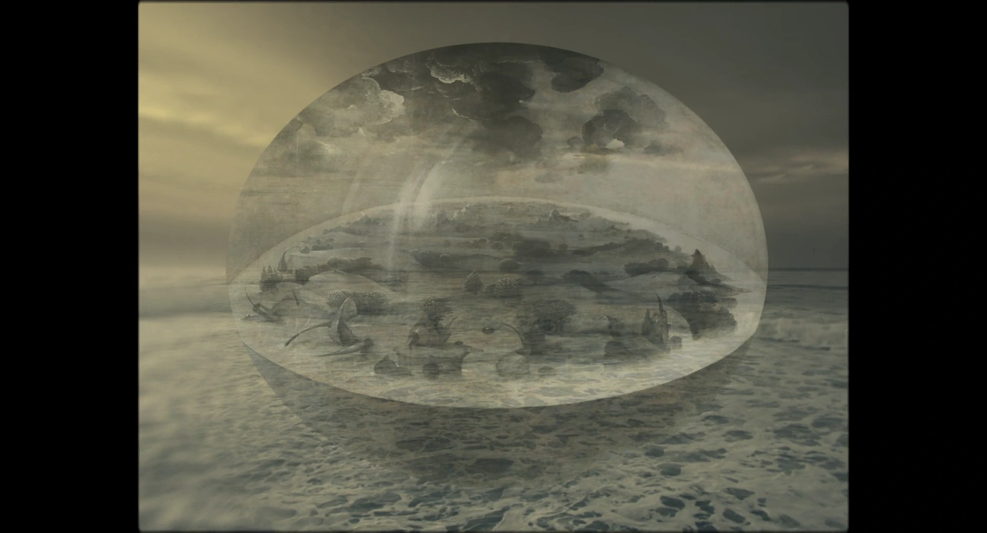 A translucent spherical form above the sea in a grey image bordered by darkness
