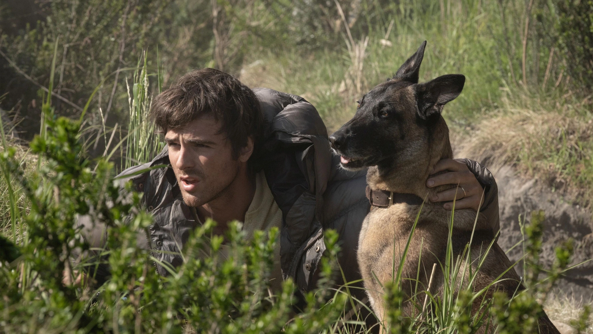 Hig crouches beside Jasper amid tall grass, holding the dog’s shoulder while looking ahead